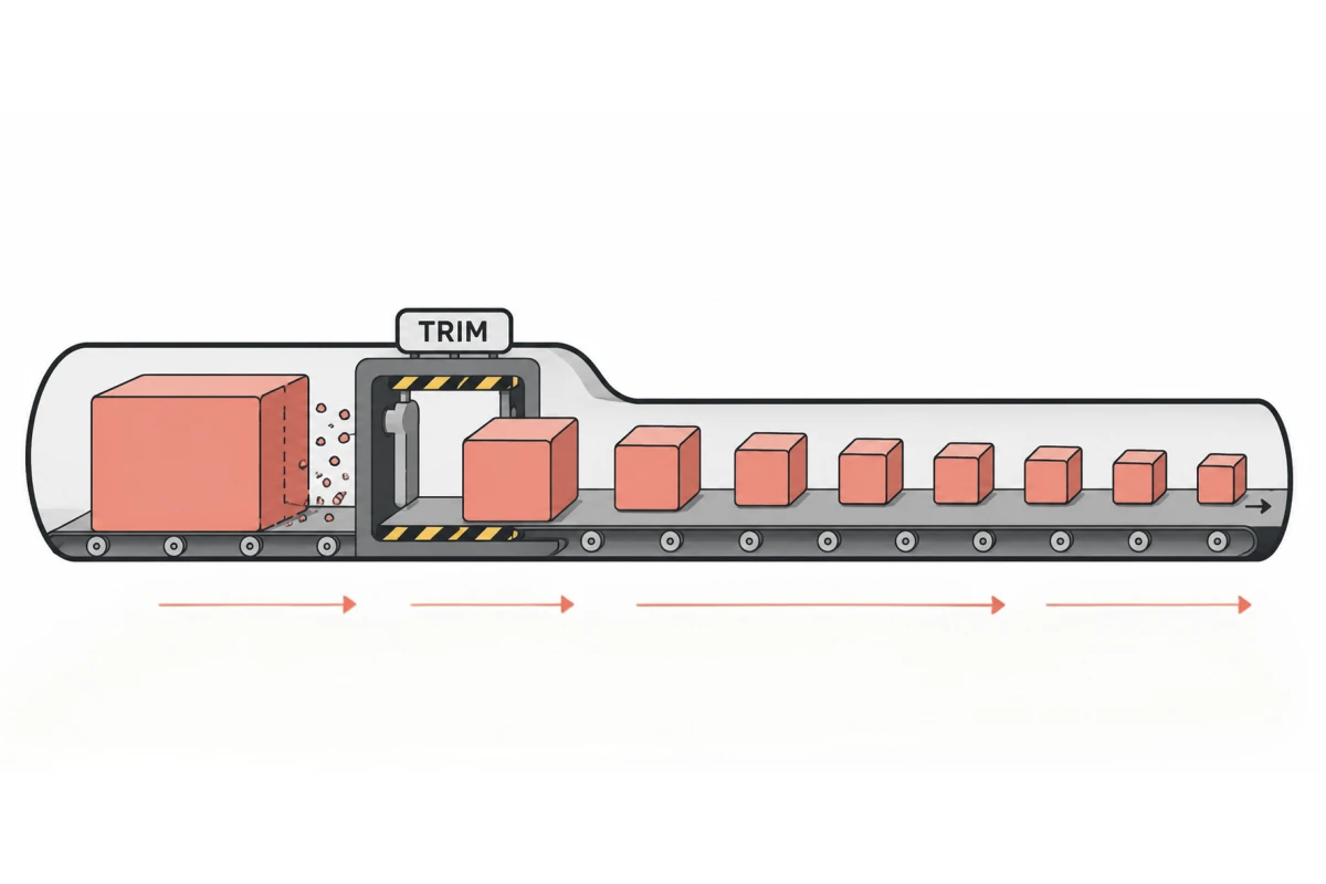 Diagram showing an oversized data packet meeting a network path limit, and smaller adjusted packets passing through the VPN tunnel instead