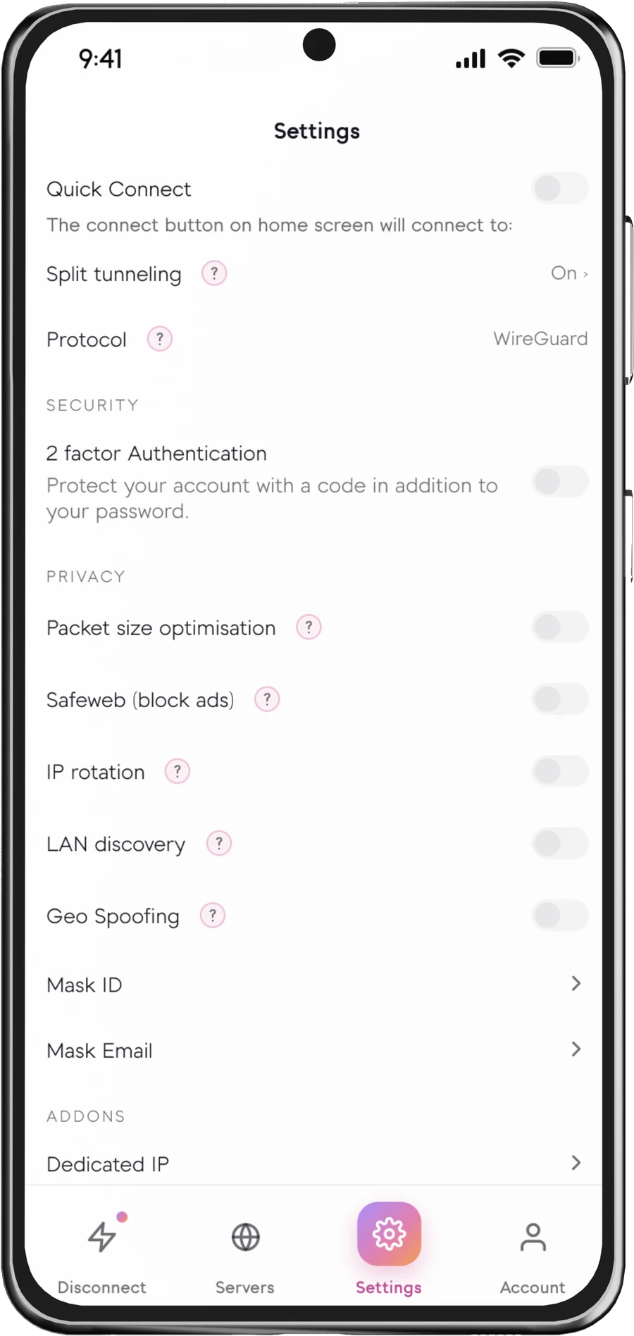 The Senton Android main screen with the connect control
