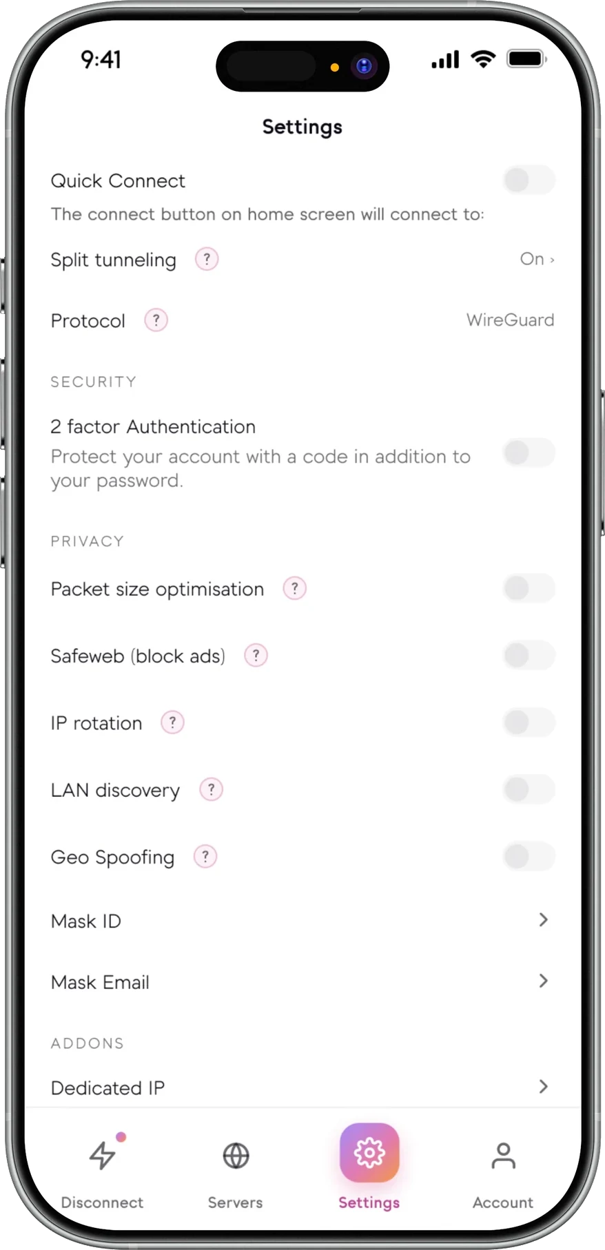 Senton app settings screen showing the Quick Connect control at the top of the list