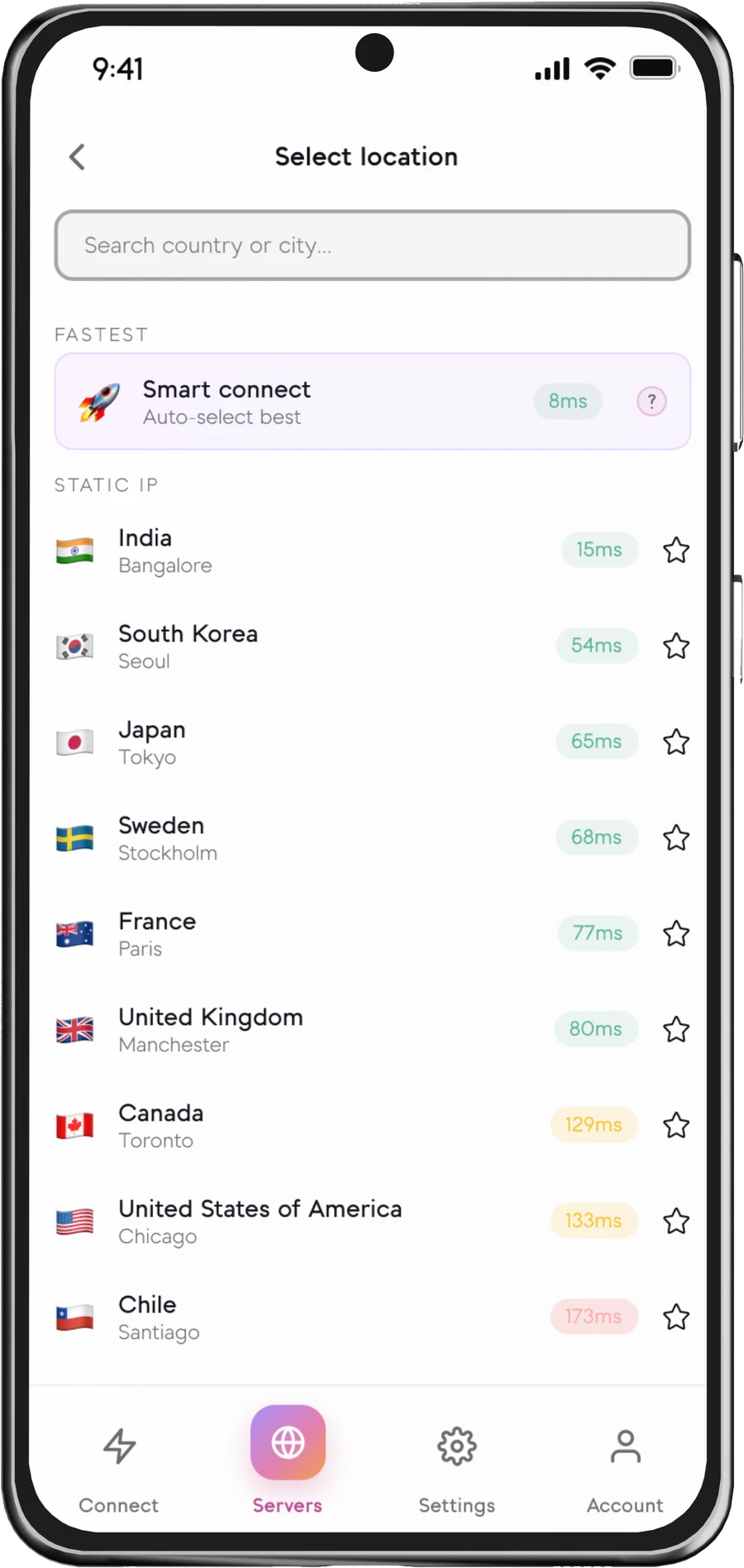 The Senton Android server list showing available locations