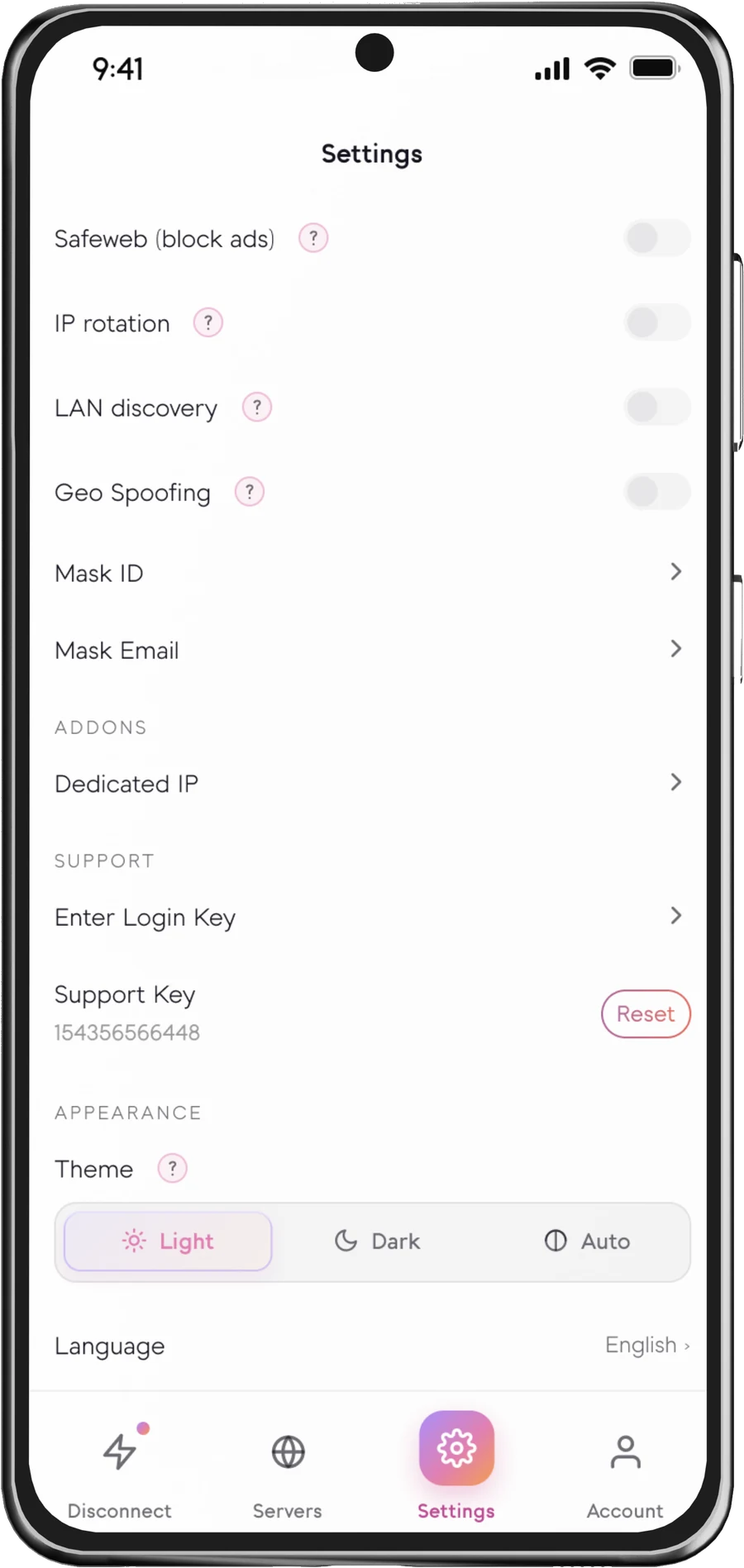 The Senton Android settings screen with the Safeweb option
