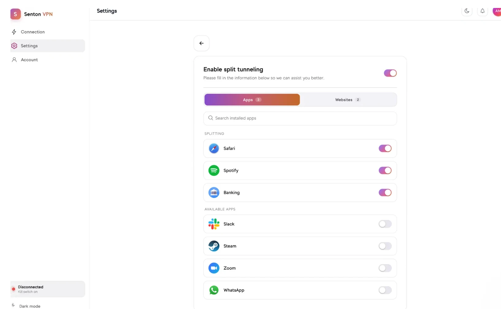 Senton VPN Bypasser settings showing selected apps routed through the VPN