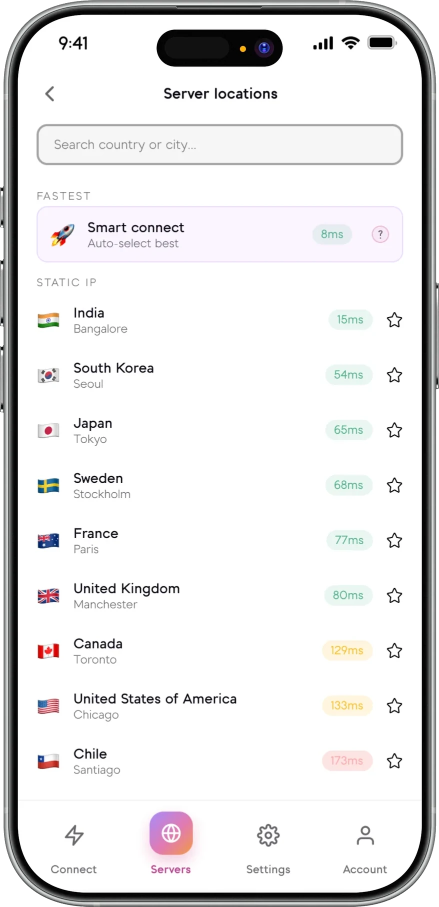 Senton app server locations screen on iPhone, listing Static IP locations by country and city